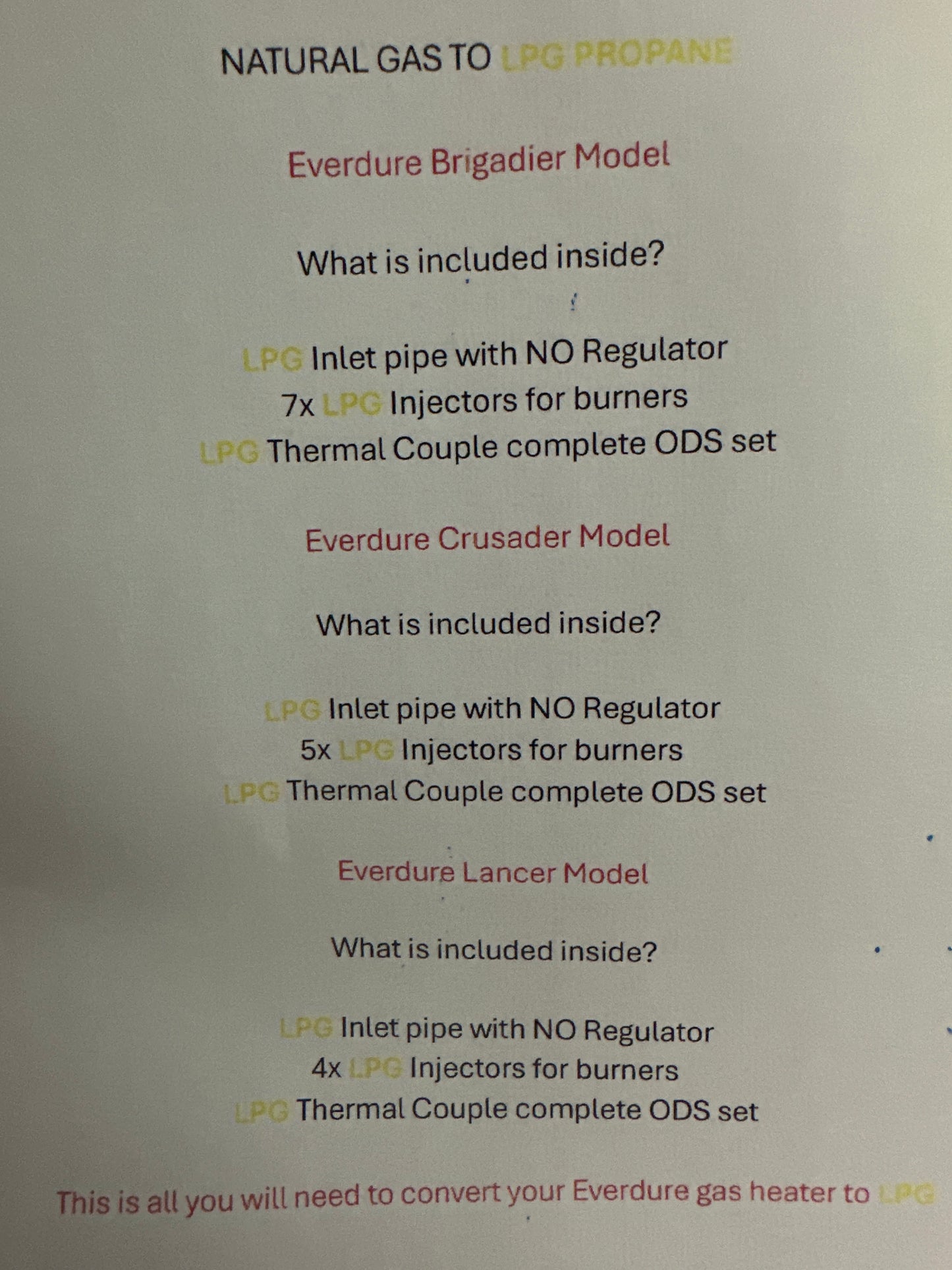 Everdure Lancer 4 Burner Conversion Kit Natural Gas or LPG Propane