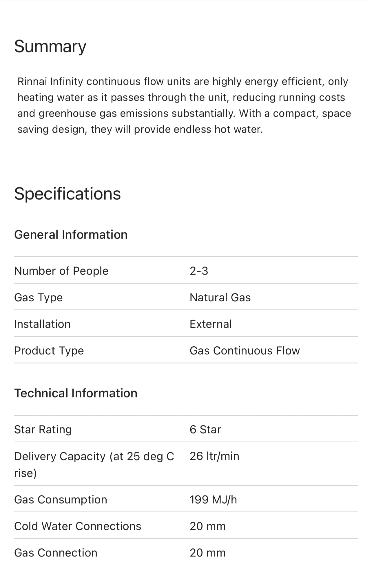 Rinnai b26 Natural Gas Hot water builders model 50 degree continuous flow